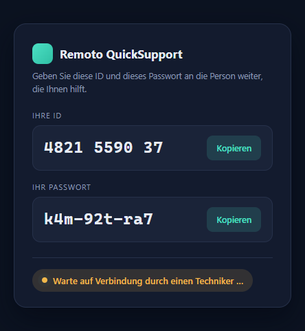Das QuickSupport-Fenster mit Geräte-ID und Sitzungspasswort
